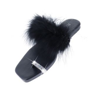 Faux Fur Black Slippers with rhinestone toe - 10